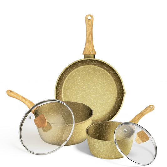 Nonstick Frying Pan Set, Non Stick Sauce Pan Set with Lid Gold Granite Pans