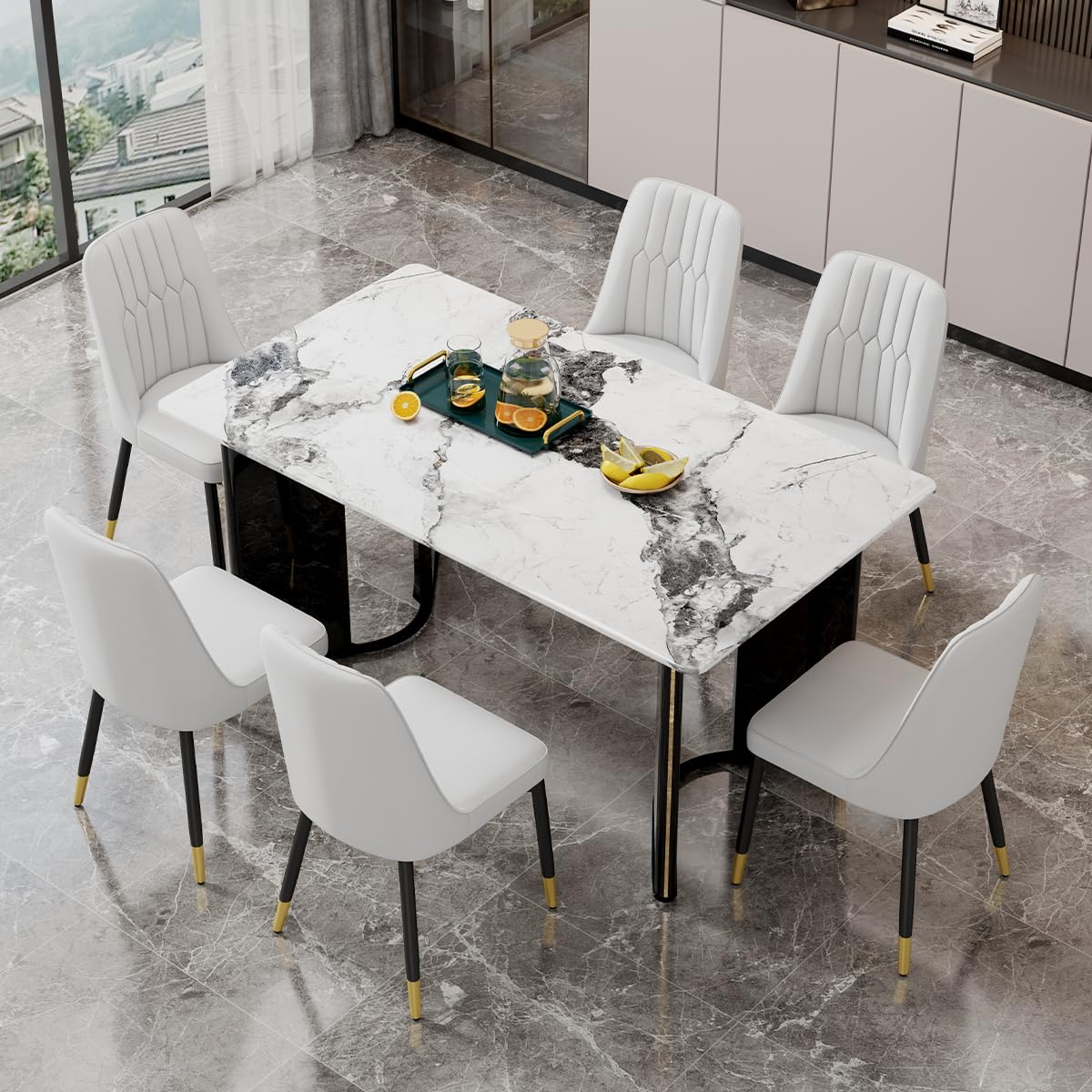 Dining Table Set for 6, White Faux Marble Pattern Table with 6 Modern Dining Chairs