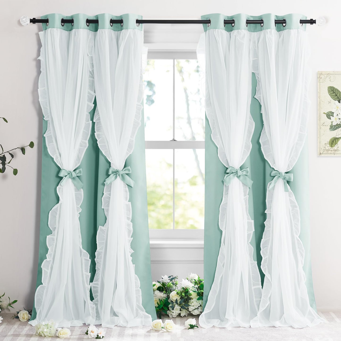 Blackout Window Treatment Double Layer Drapes Ruffle Sheer Overlay 2 Panels