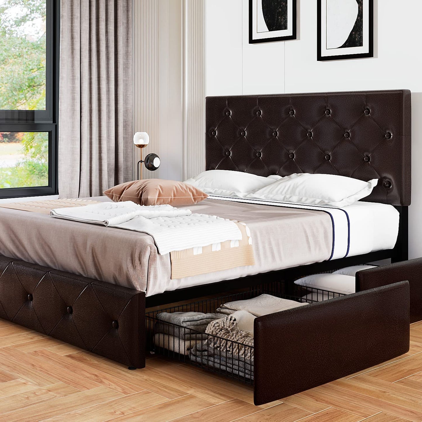 Upholstered Platform Bed Frame with 4 Storage Drawers and Headboard