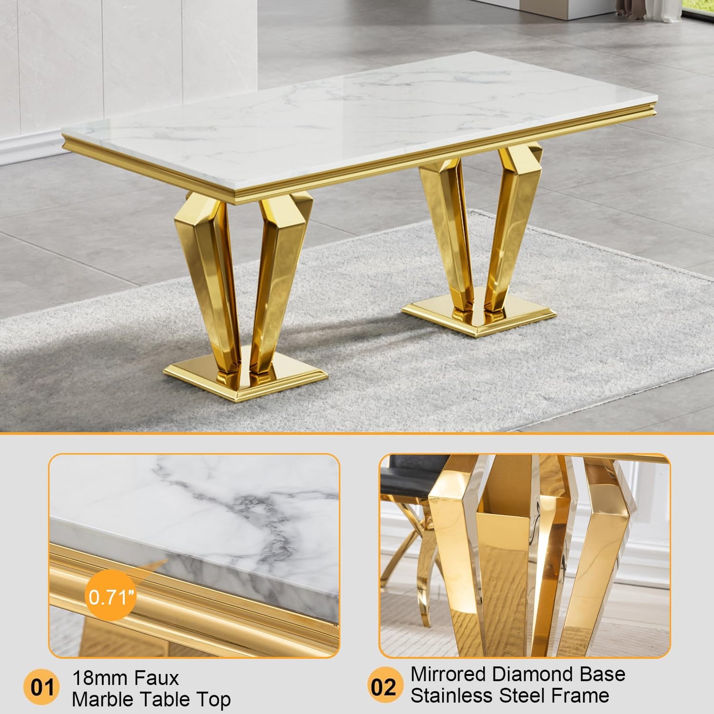 70 Inch White Marble Kitchen Table with Gold Mirrored Cabriole Legs