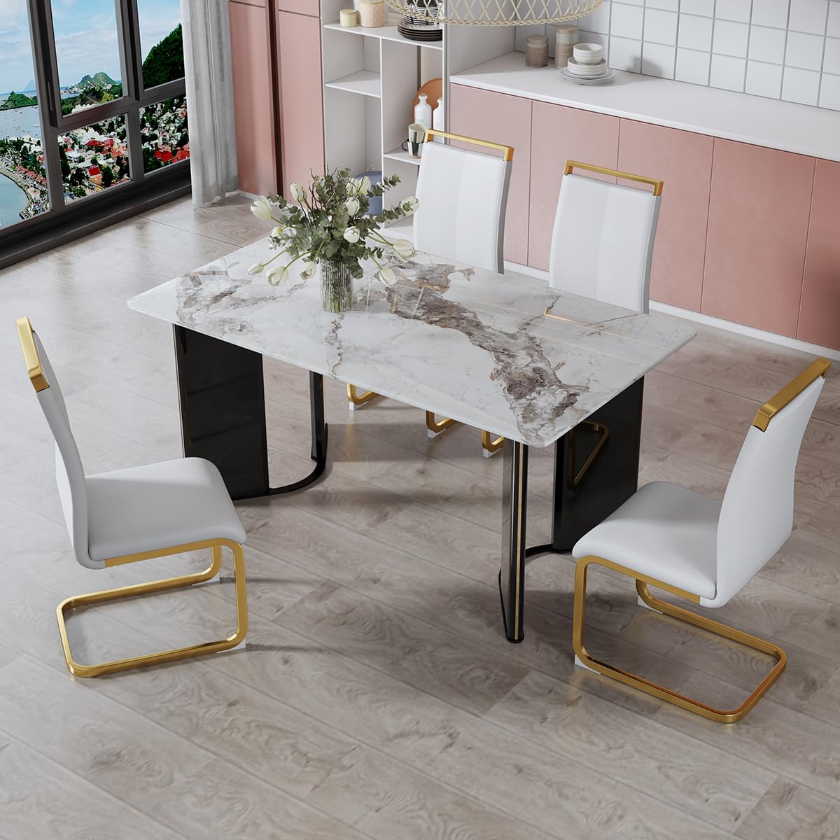 Dining Table Set for 6, White Faux Marble Pattern Table with 6 Modern Dining Chairs