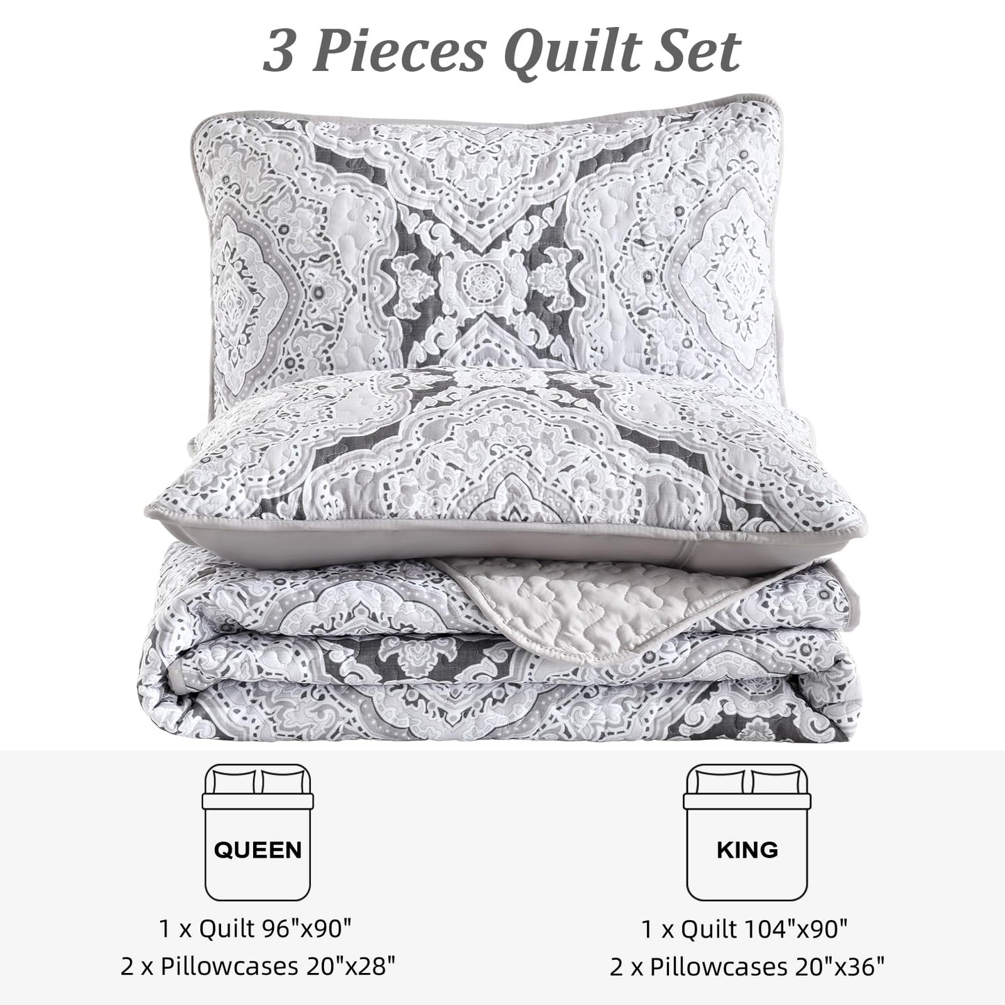 Blue Quilt Set Queen Size Boho Damask Bedspread Sets