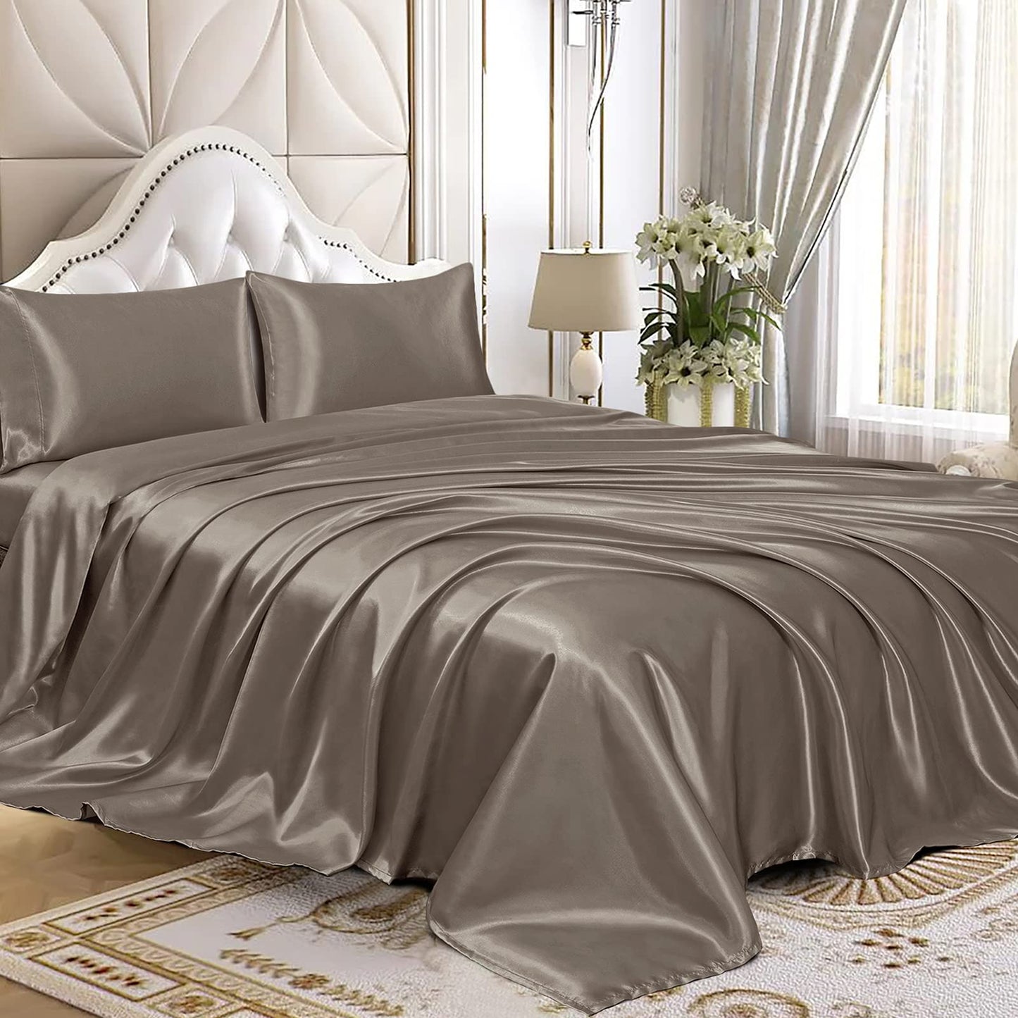 4pcs Satin Sheets Set Luxury Silky Satin Bedding Set with Deep Pocket