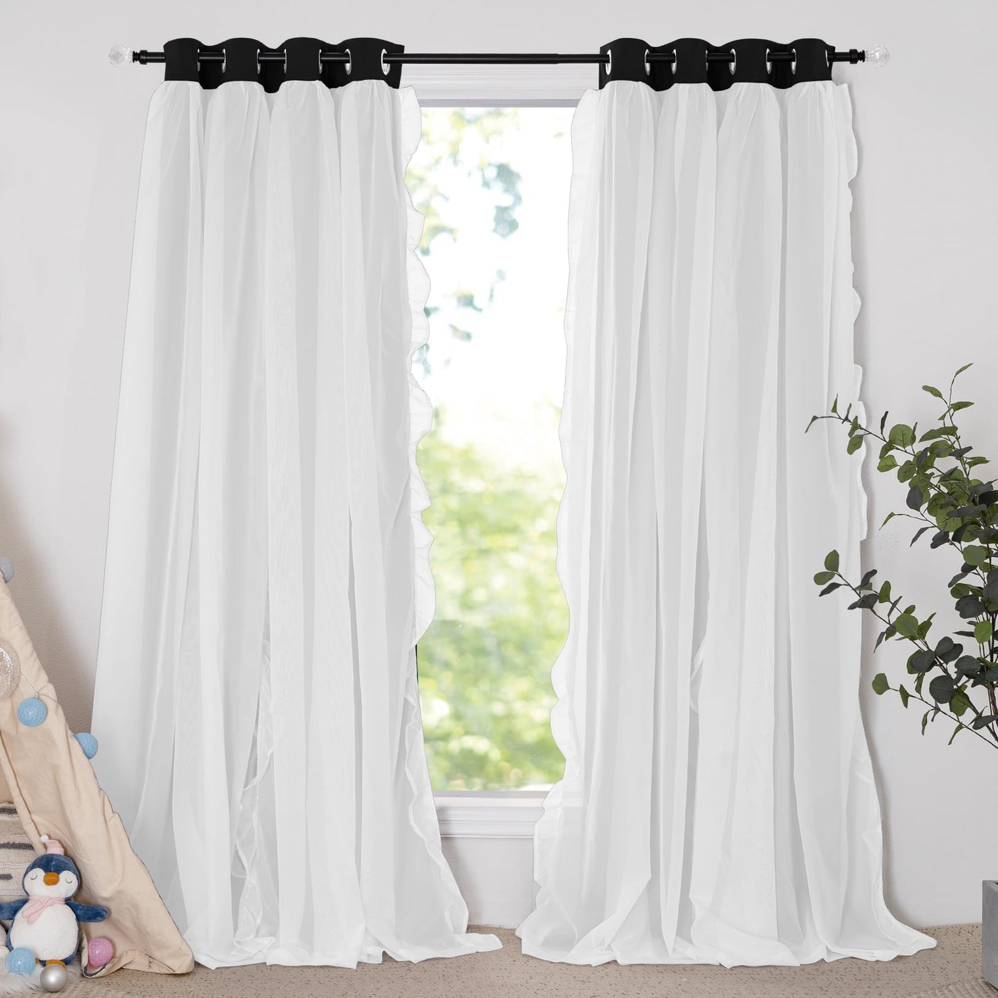 Blackout Window Treatment Double Layer Drapes Ruffle Sheer Overlay 2 Panels