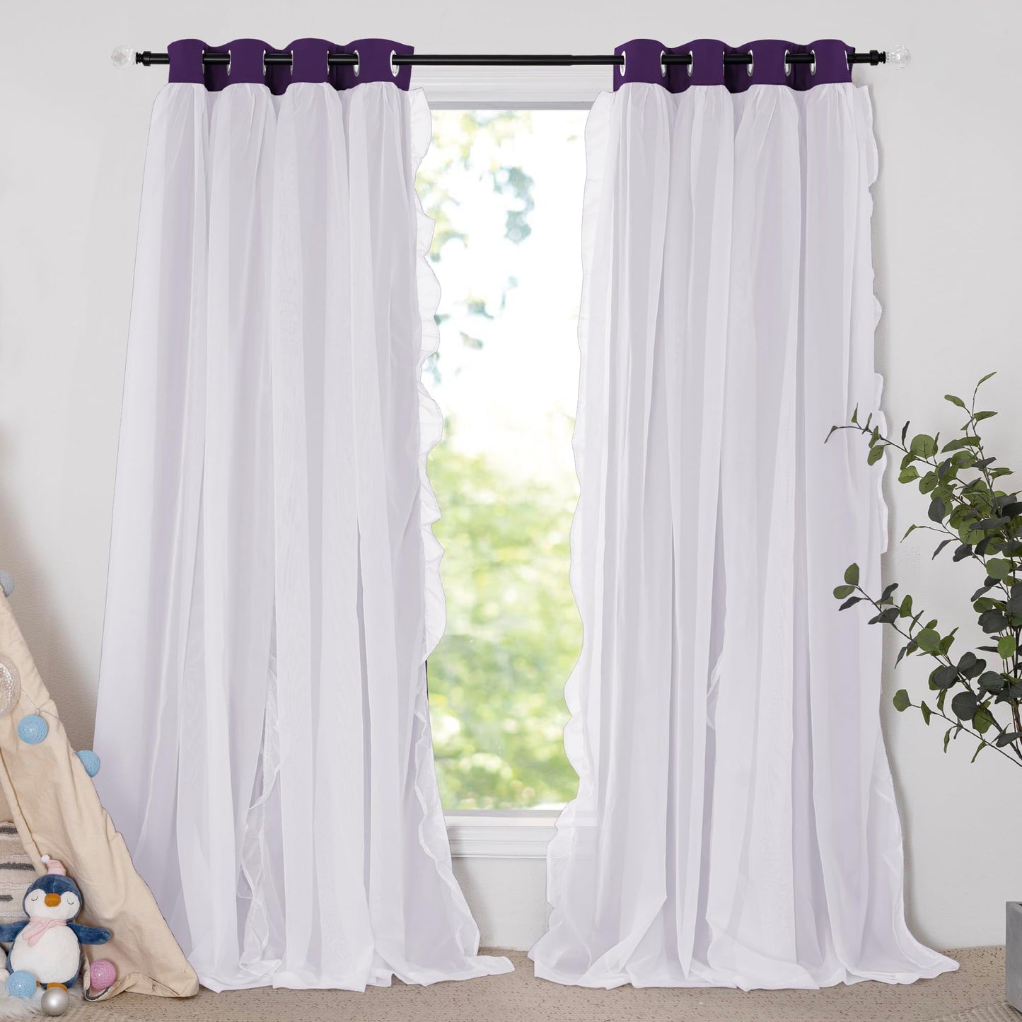 Blackout Window Treatment Double Layer Drapes Ruffle Sheer Overlay 2 Panels