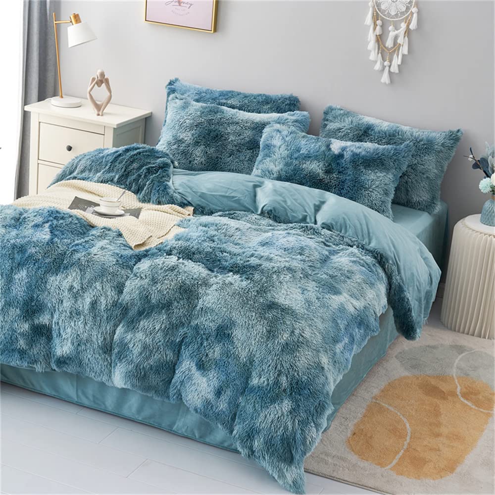 Faux Fur Tie-dyed Green Gray Black Colorful Comforter Sets Queen - 3PC Bed Set