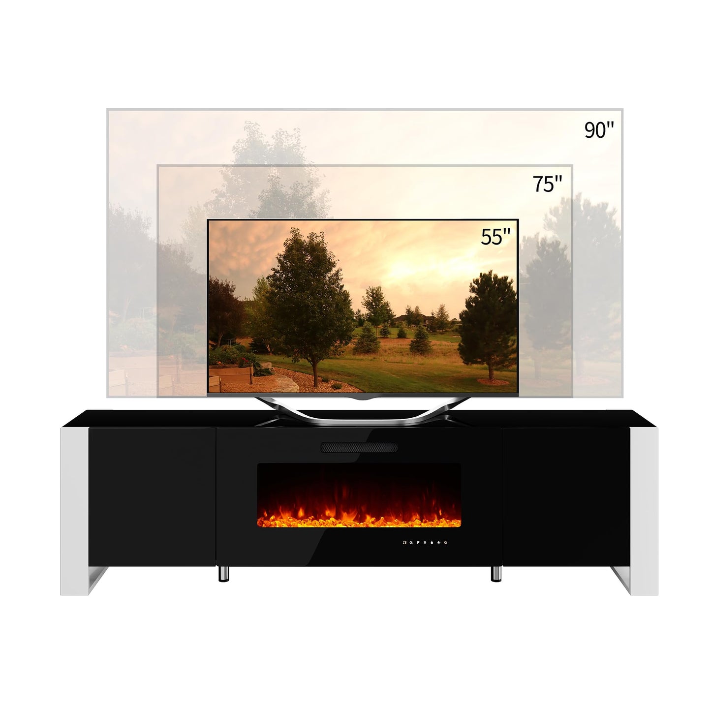 70" Fireplace TV Stand with 36" Electric Fireplace, High Gloss with LED Lights