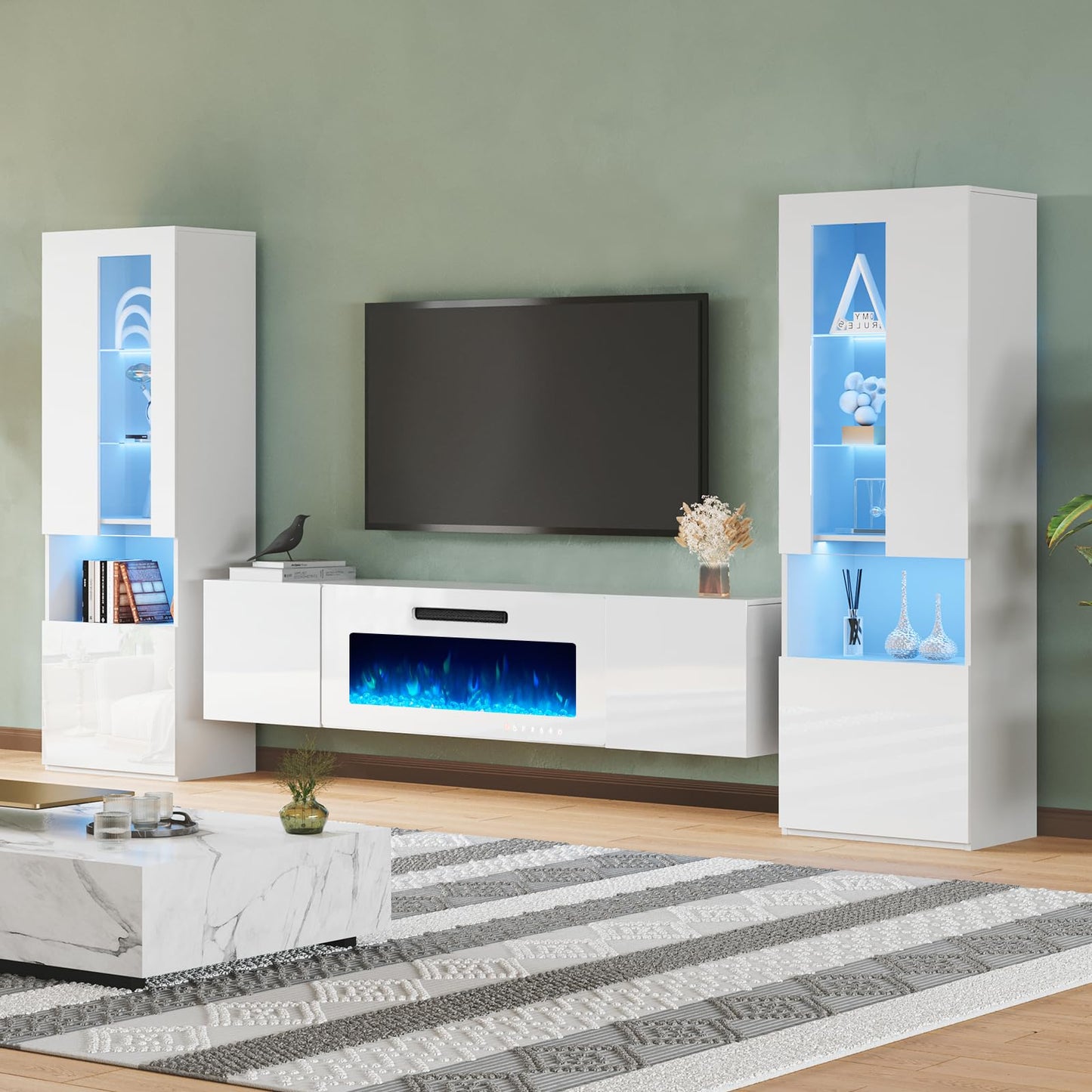 High Gloss Living Room Entertainment Center Including Floating Fireplace