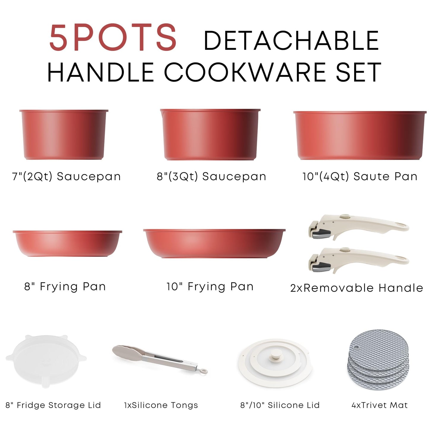 Pots and Pans Set Nonstick, Detachable Handle Cookware Sets, Stackable