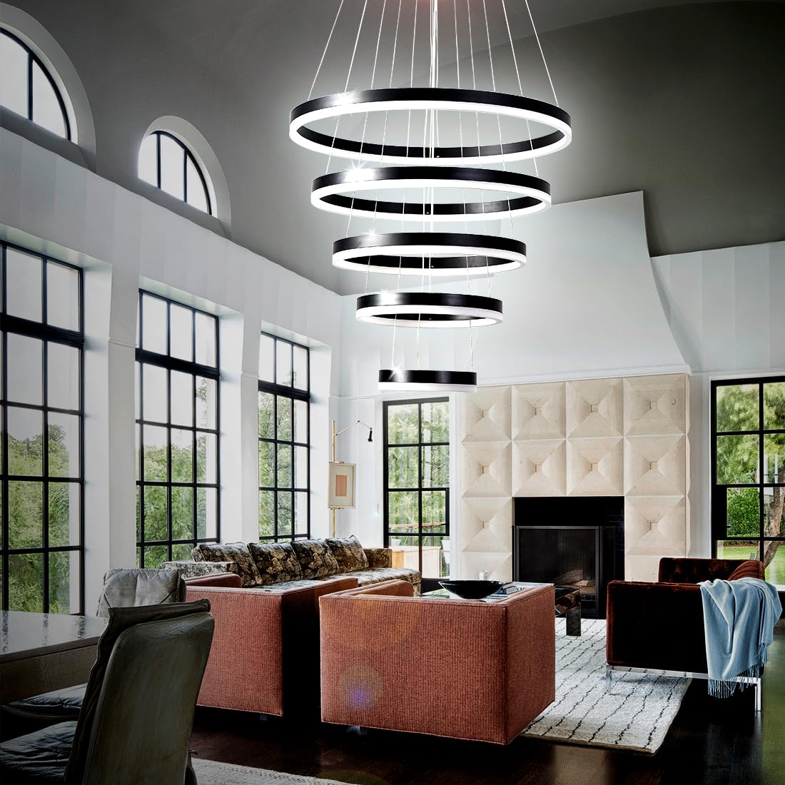 39.37" Larger Chandelier for High Ceilings, 7 Ring Dimmable with Remote