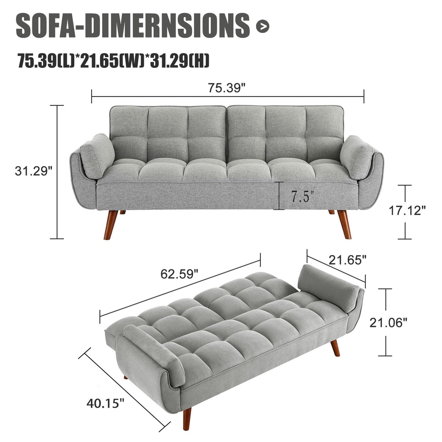 Convertible Futon Couch Bed, Sleeper Sofa Bed with Adjustable Backrests