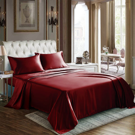 4 Piece Burgundy Bed Sheet Set with Silky Microfiber, 1 Deep Pocket Fitted Sheet