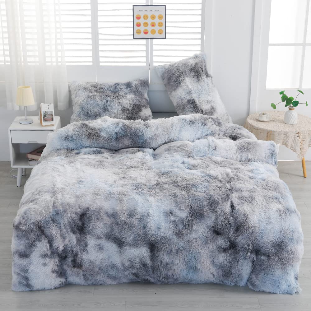 Faux Fur Tie-dyed Green Gray Black Colorful Comforter Sets Queen - 3PC Bed Set