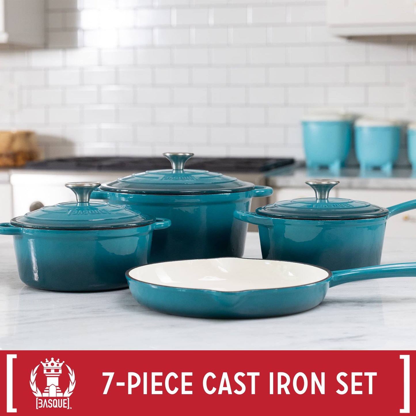 Enameled Cast Iron Cookware Set (Rouge Red), 7-Piece Set, Nonstick