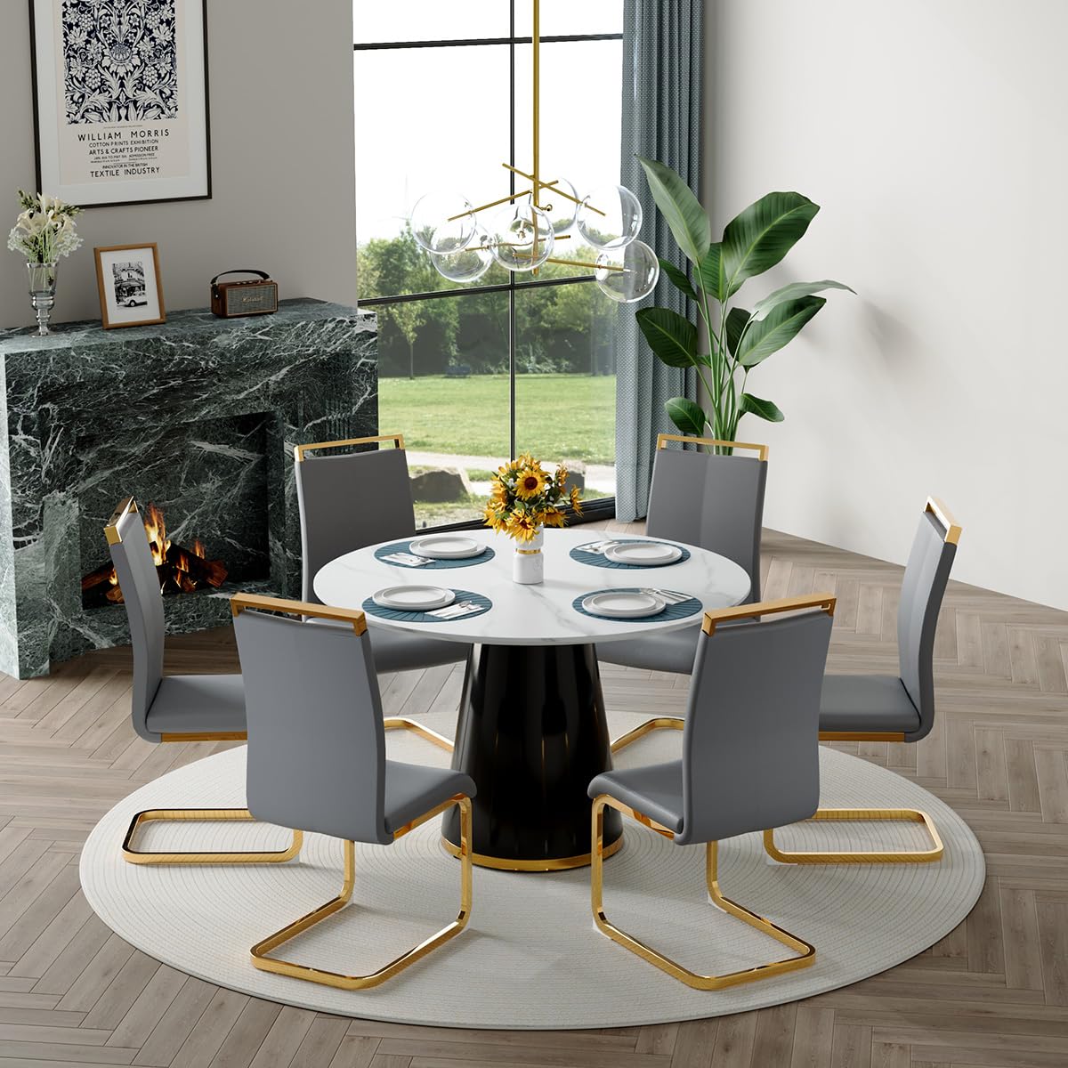 Round Dining Table Set for 6, 45''Round Wooden Dining Set