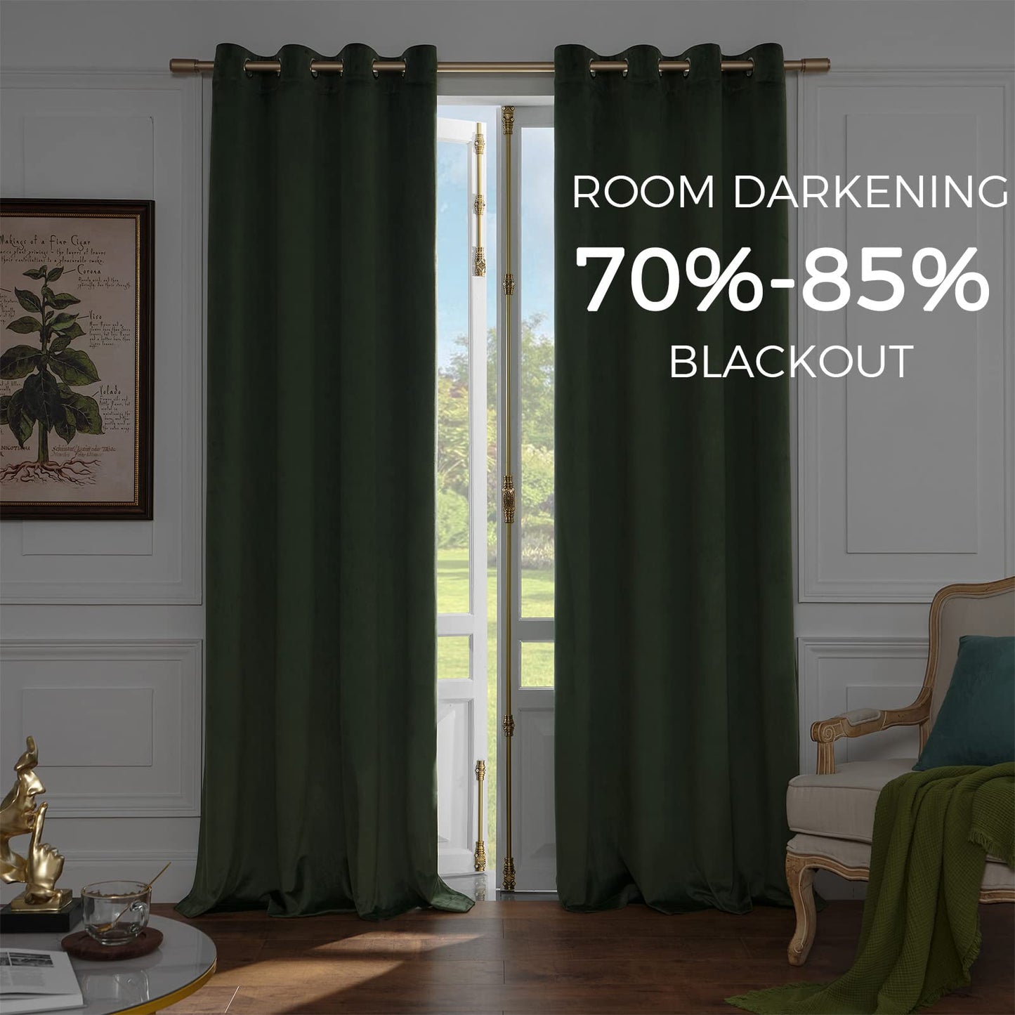 Green Velvet Blackout 90 Inch Curtains, Sage Green, 2 Panels