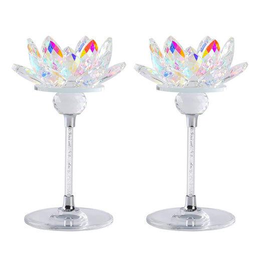 Crystal Tea Light Candle Holder Set of 2, Colorful Lotus Centerpieces Décor