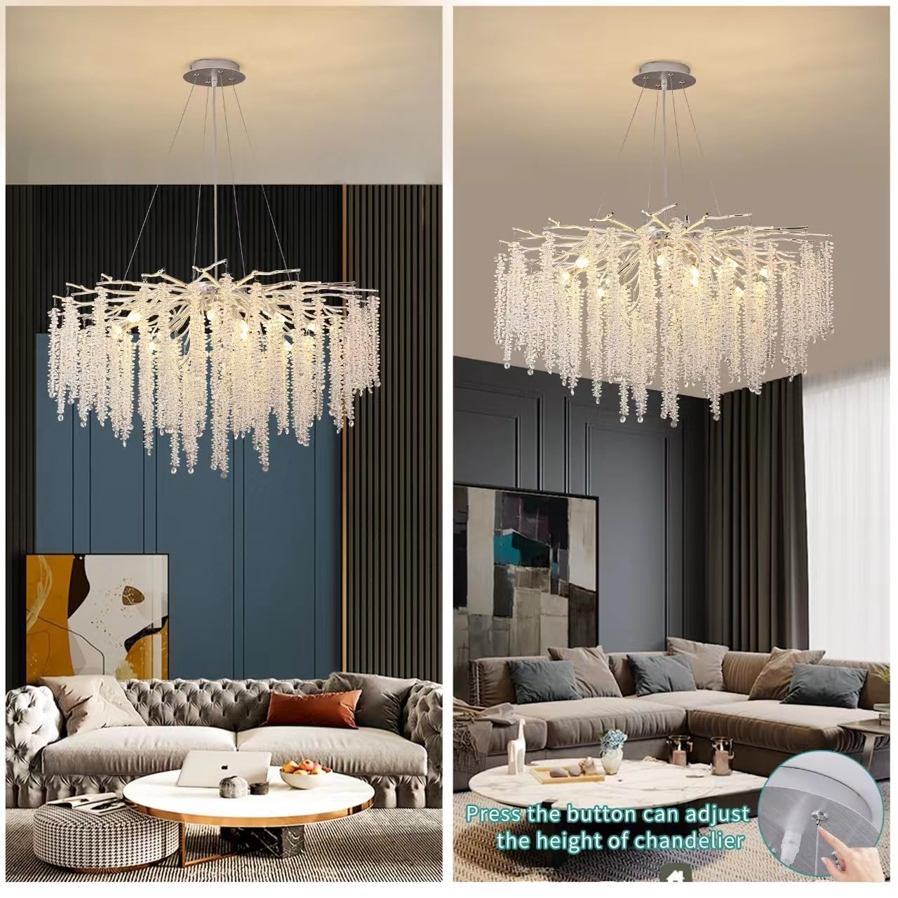 Modern Crystal Tree Branches Chandelier Gold Round Raindrop