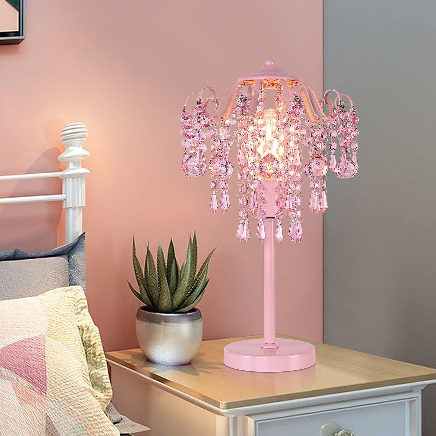 Pink Crystal Bedside Table Lamp H20.4'' W11.81'' 1-Light E26