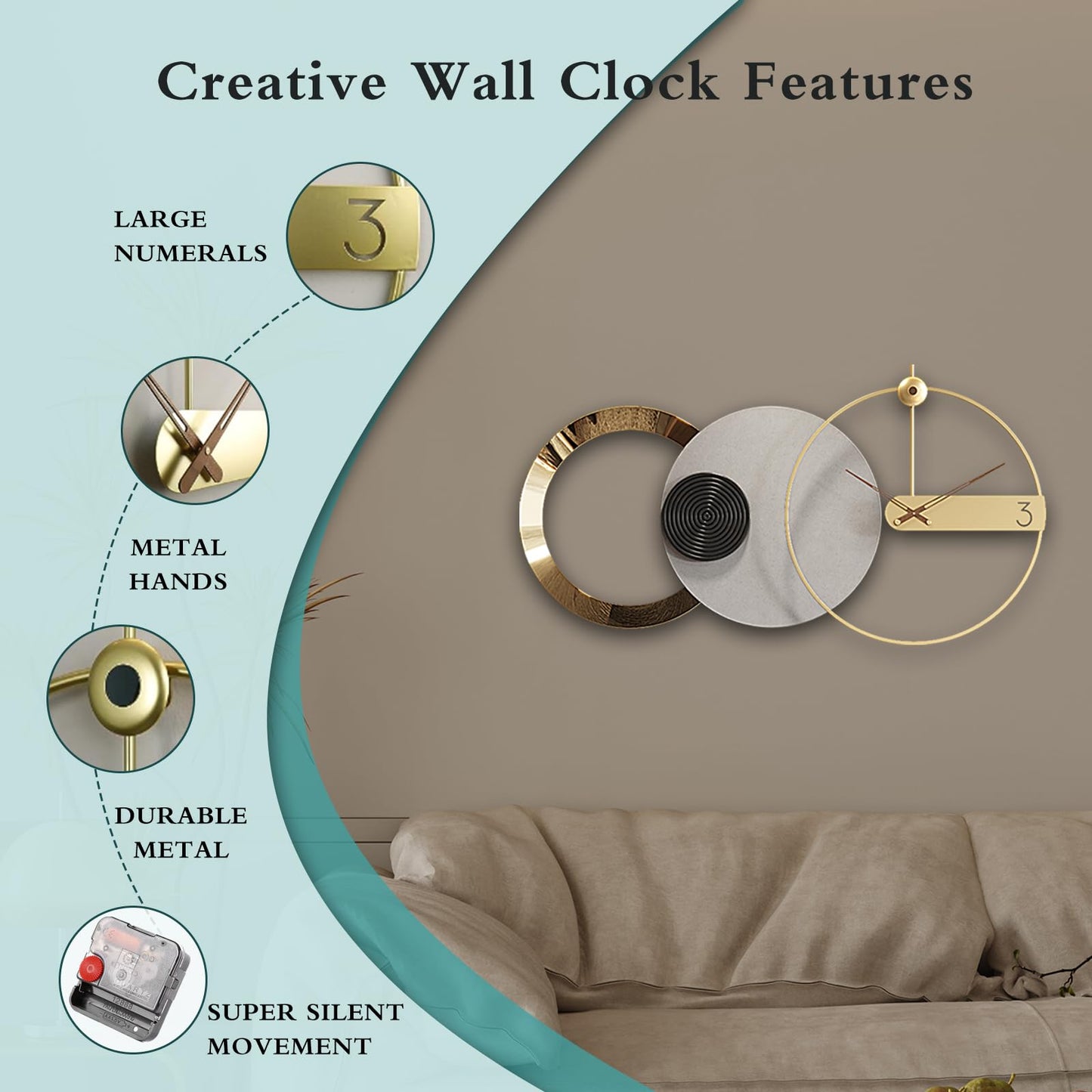 Large Starburst Wall Clock Non-Ticking Battery Operated