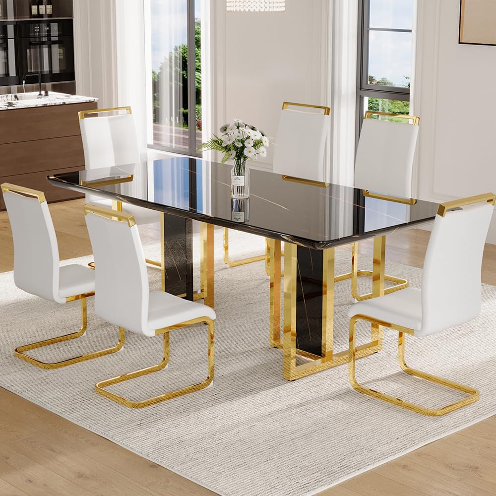 79" Black Modern Dining Table Set for 8,Black Golden Chairs