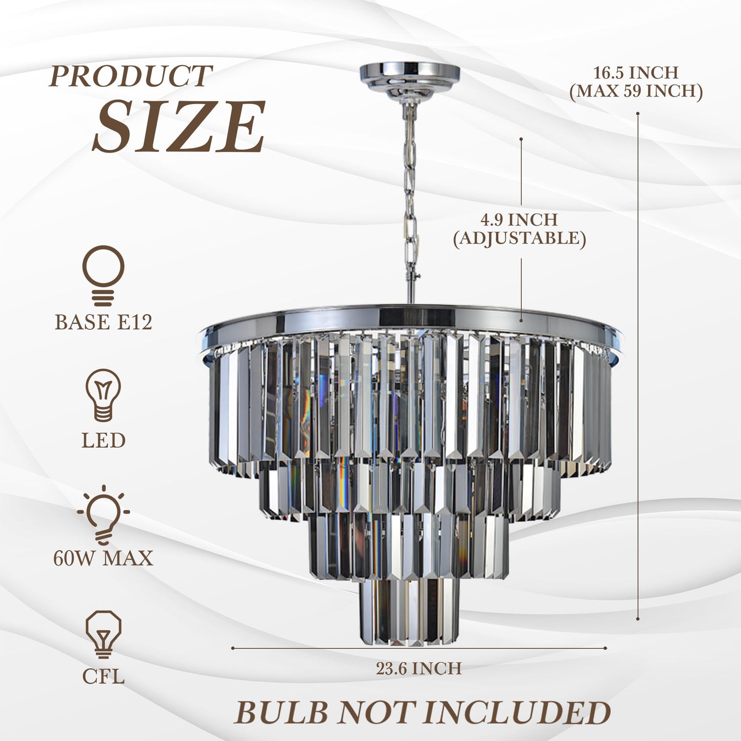 Luxury Smoke Crystal Chrome Chandelier, 8 Lights Pendant