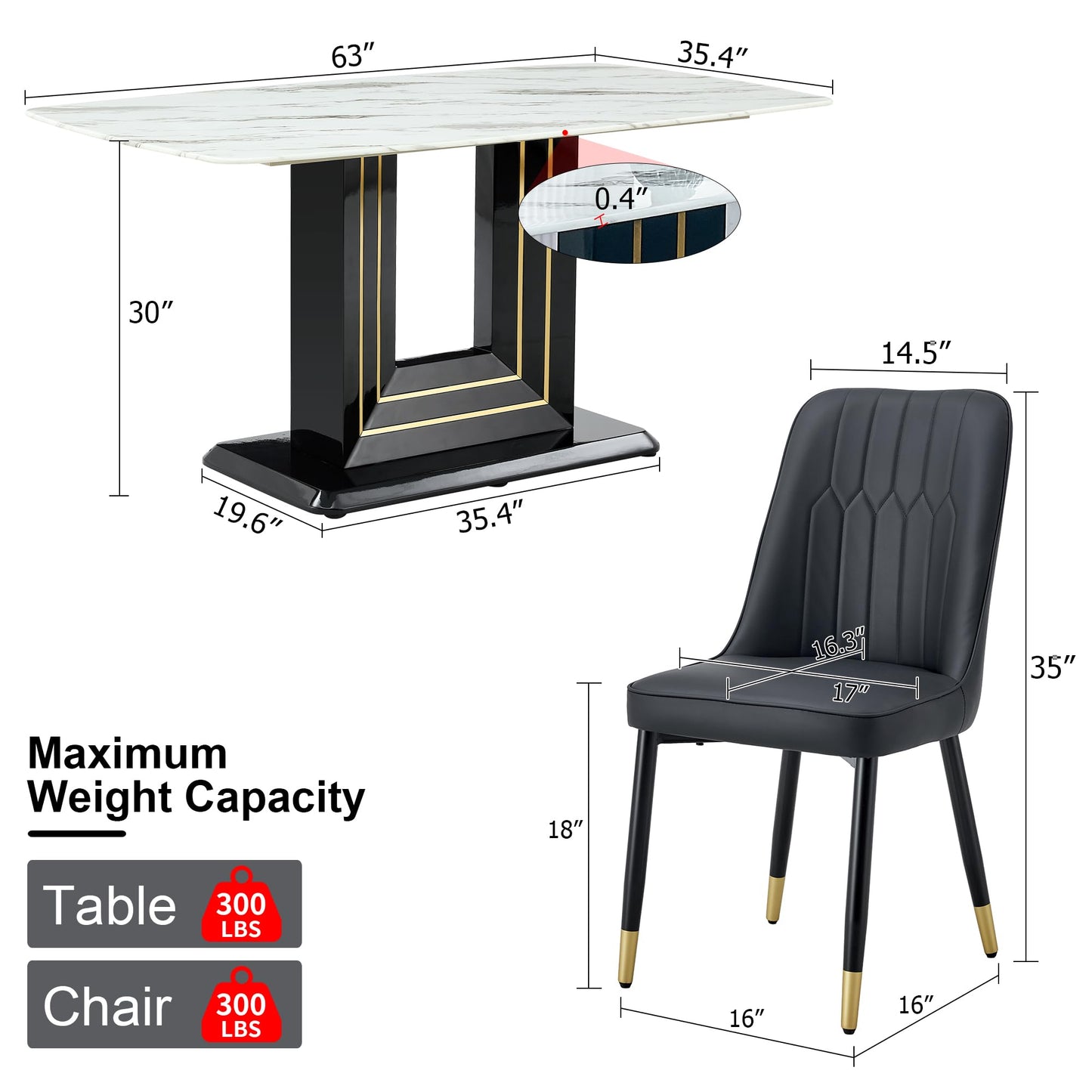 Dining Table Set for 6, White Faux Marble Pattern Table with 6 Modern Dining Chairs