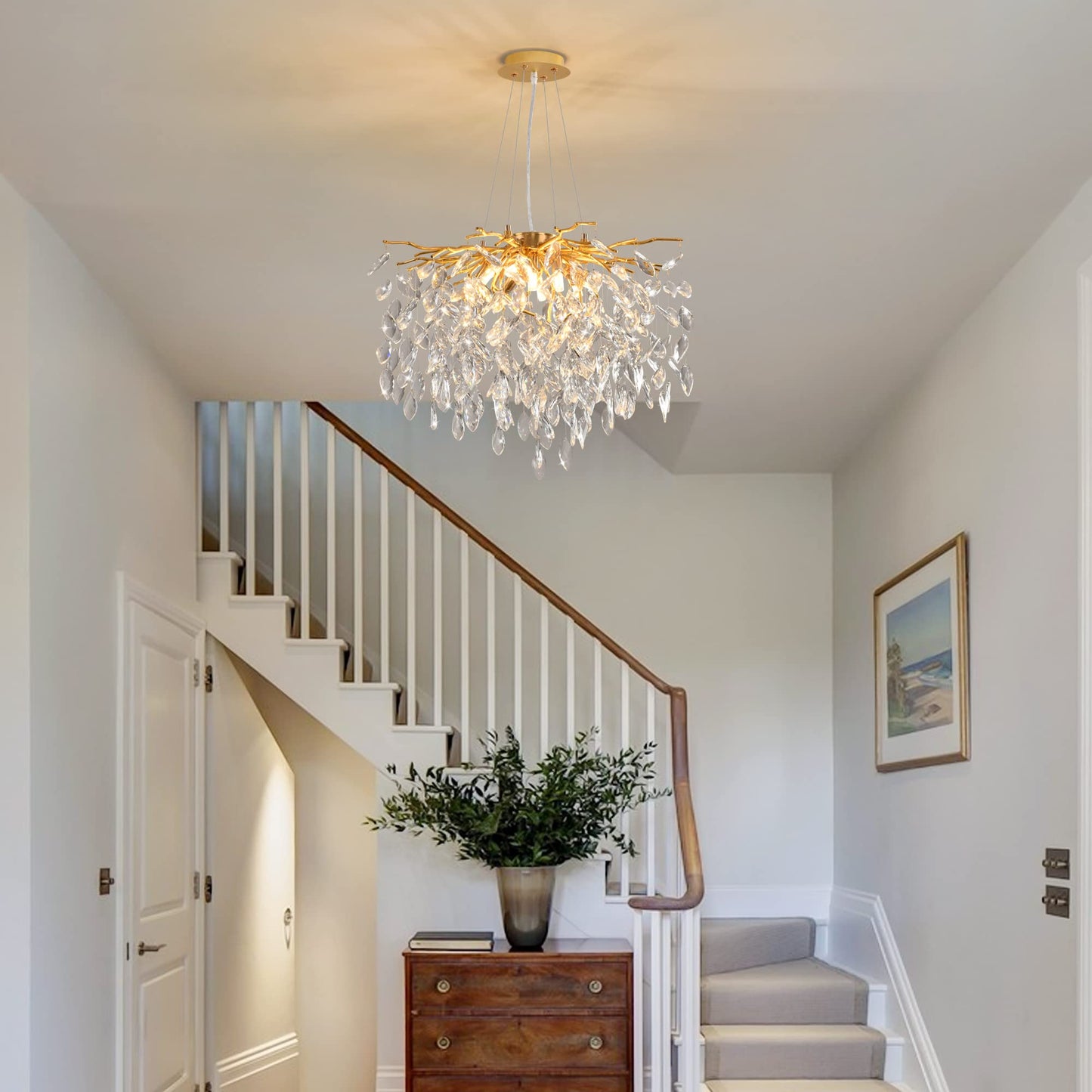 Modern Crystal Tree Branches Chandelier Gold Round Raindrop