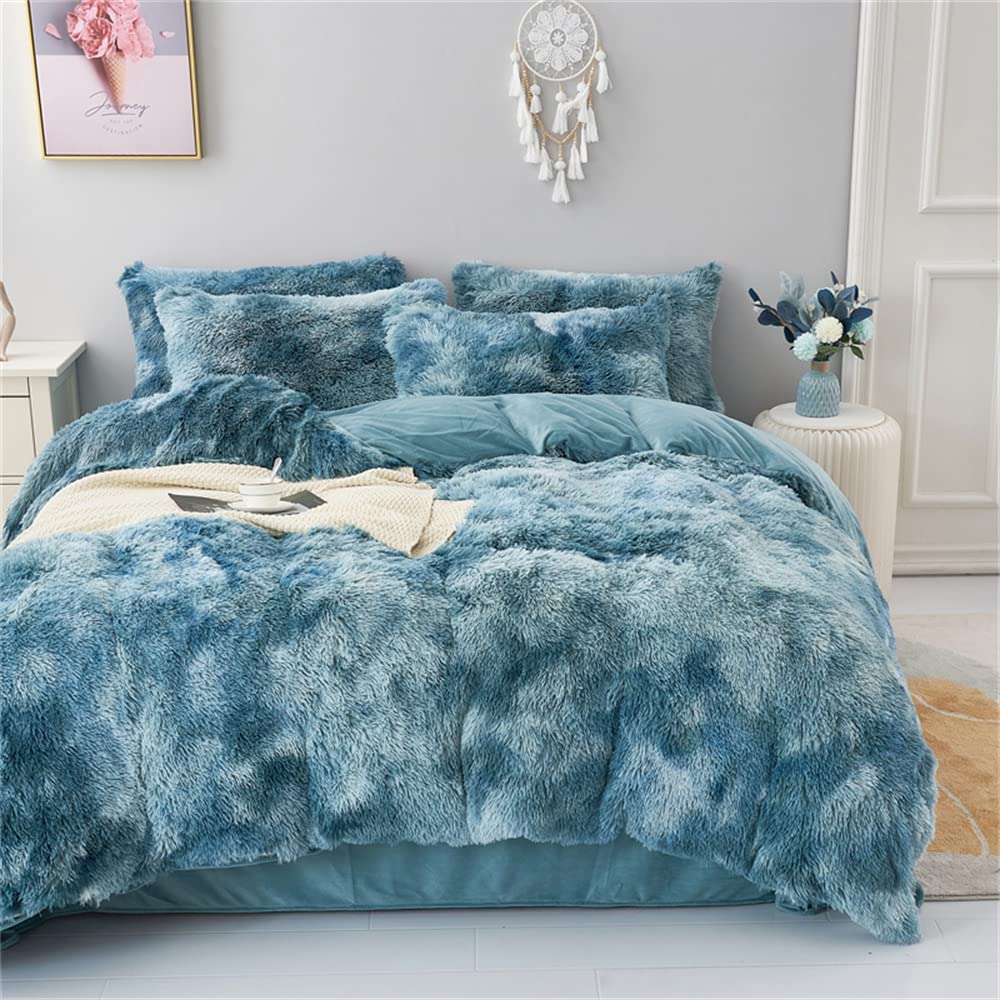 Faux Fur Tie-dyed Green Gray Black Colorful Comforter Sets Queen - 3PC Bed Set