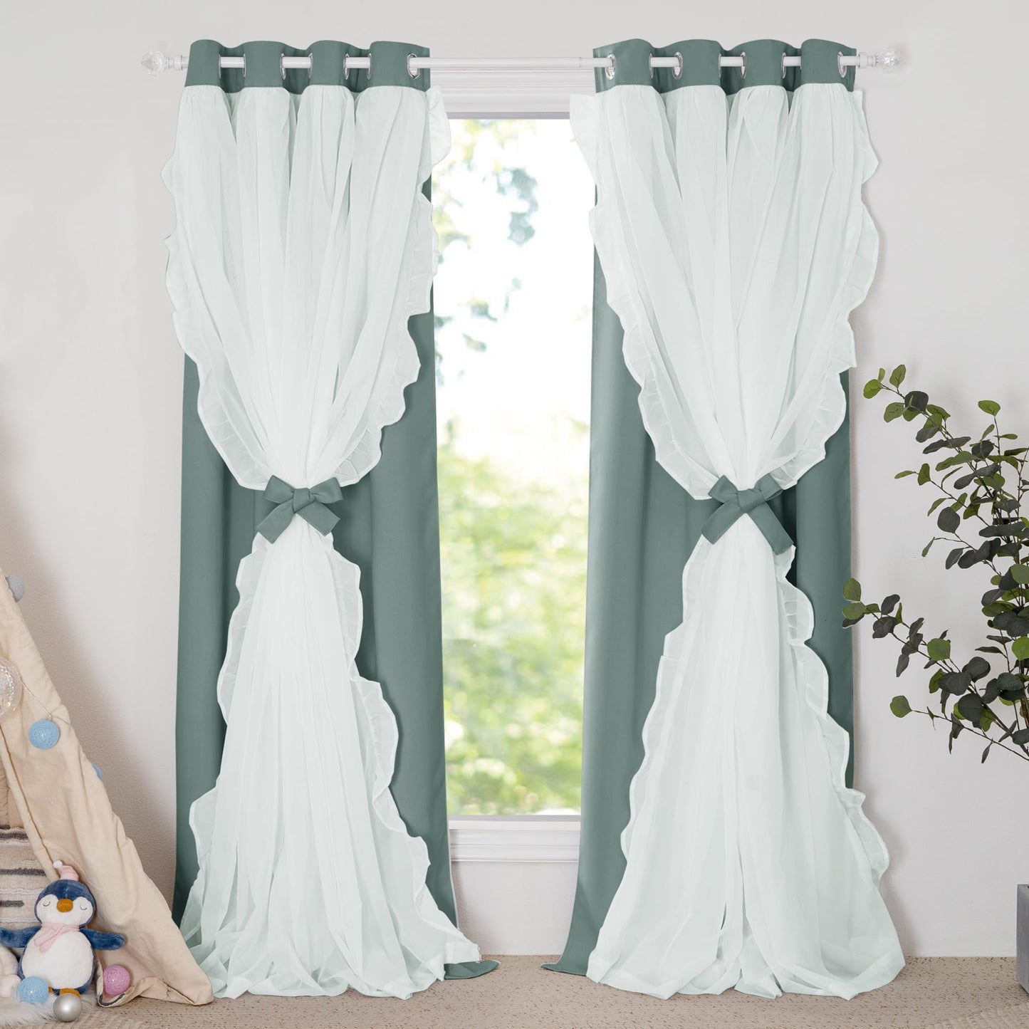 Blackout Window Treatment Double Layer Drapes Ruffle Sheer Overlay 2 Panels