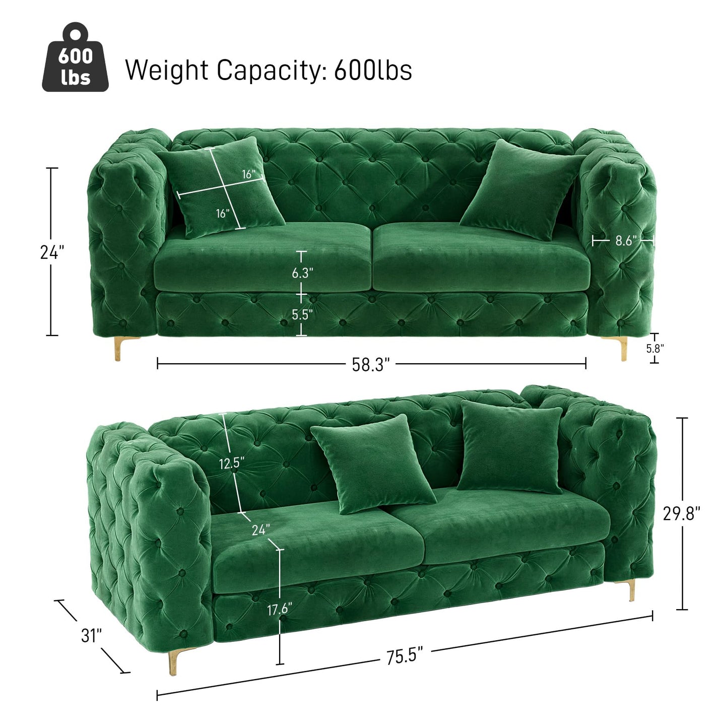 75 Inch Sofa Couch Modern Velour Upholstered Couch Tufted Casual Velvet Sofa