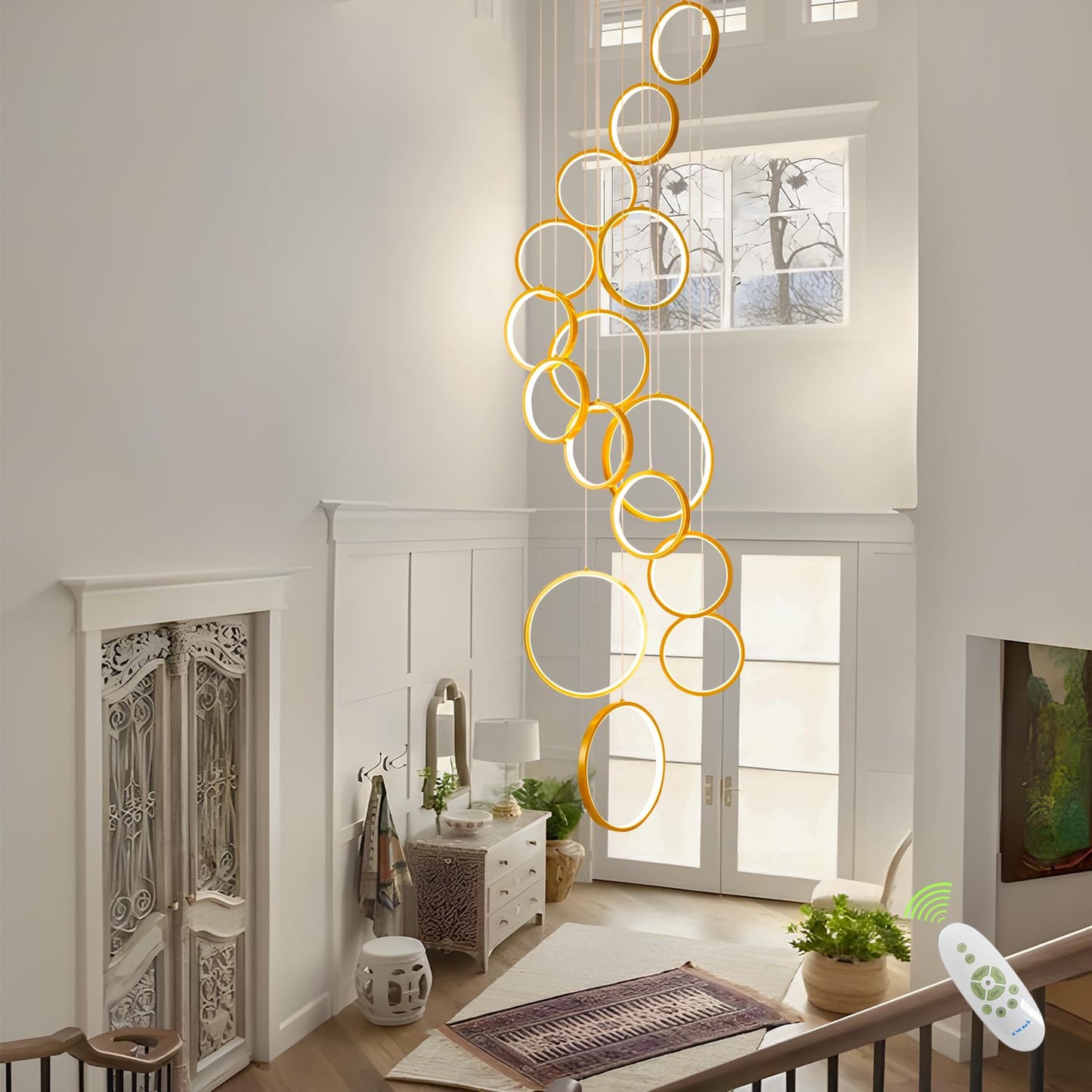 Gold Staircase Hanging 12 Ring Long Led Chandelier Dimmable with Remote Controller