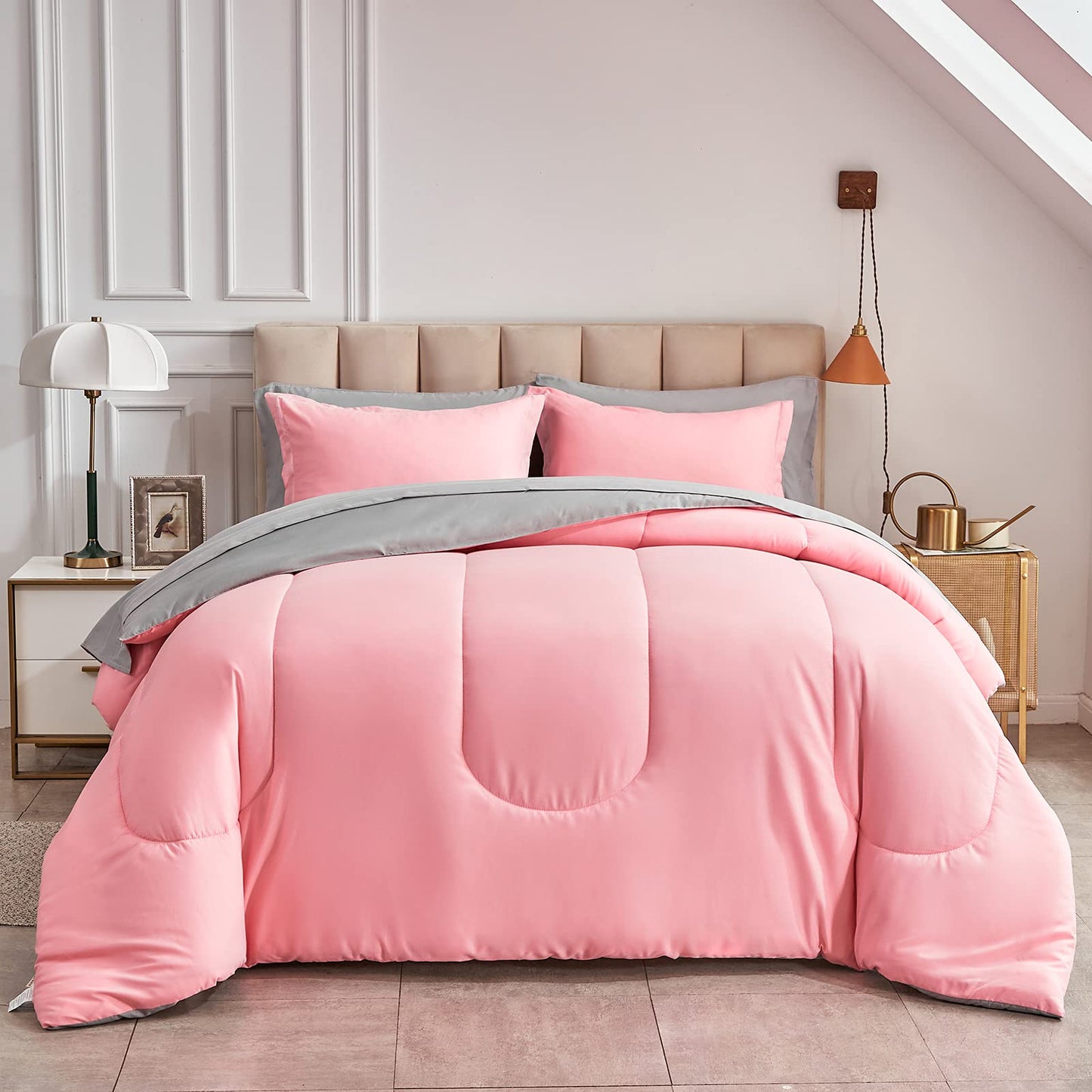 Twin Pink Comforter Set Bed in a Bag with Gray Sheet Set Reversible Soft