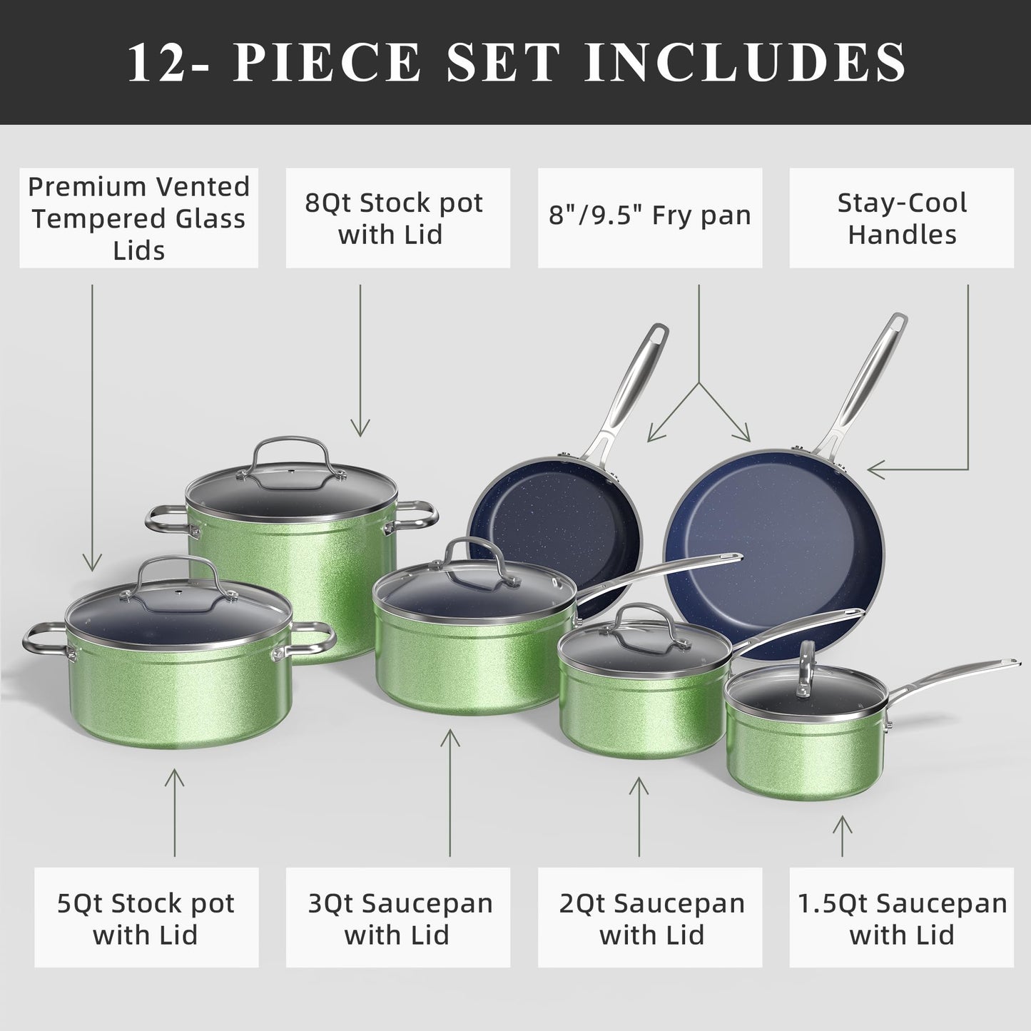 Ceramic Nonstick Cookware Set, Diamond Infused Scratch-Resistant