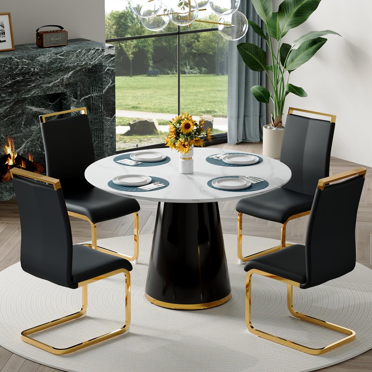 Round Dining Table Set for 6, 45''Round Wooden Dining Set