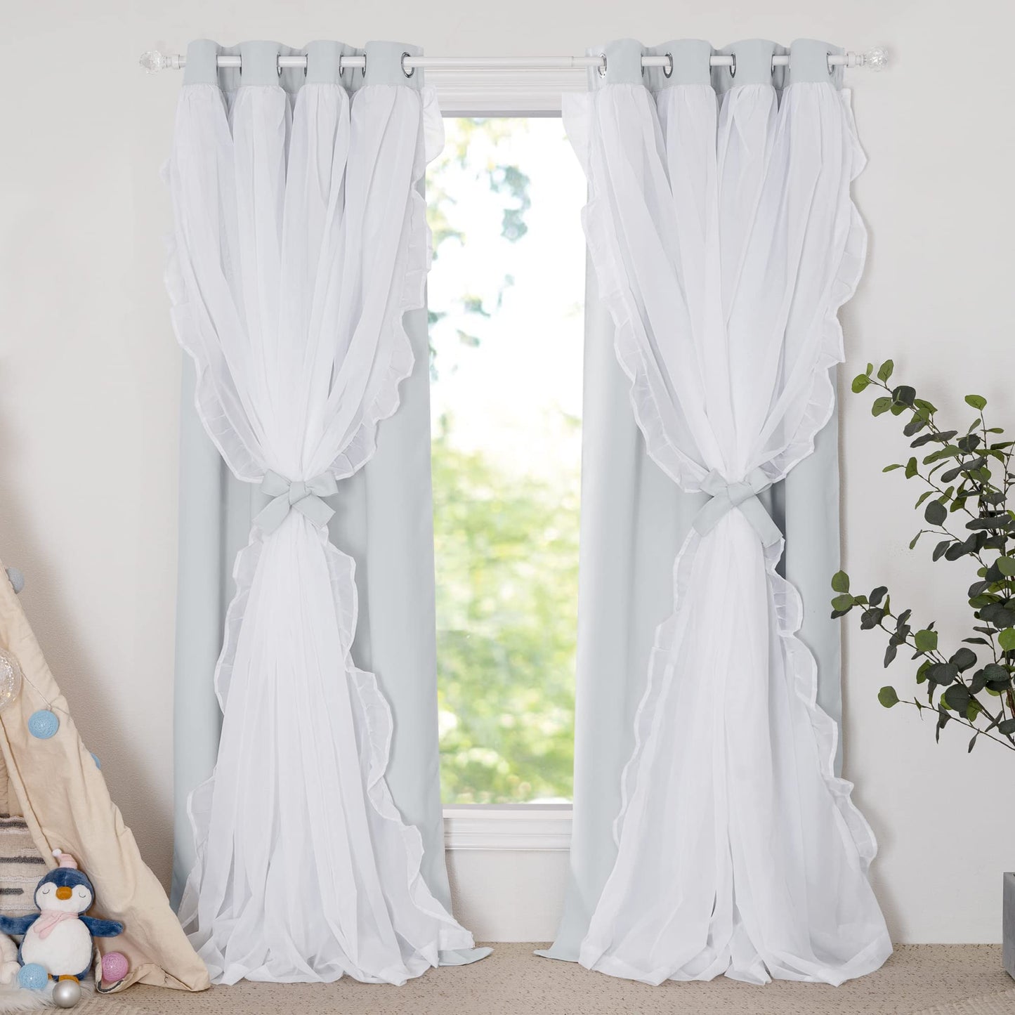 Blackout Window Treatment Double Layer Drapes Ruffle Sheer Overlay 2 Panels