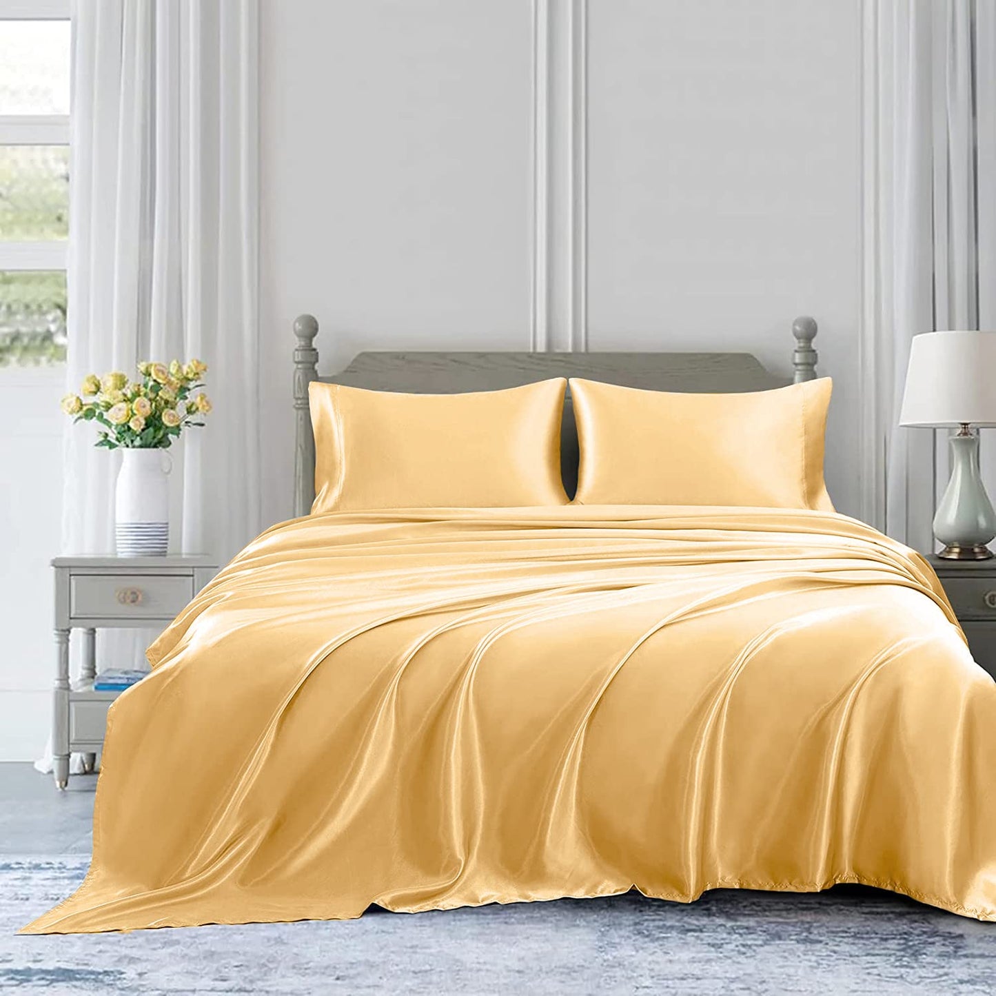 4pcs Satin Sheets Set Luxury Silky Satin Bedding Set with Deep Pocket