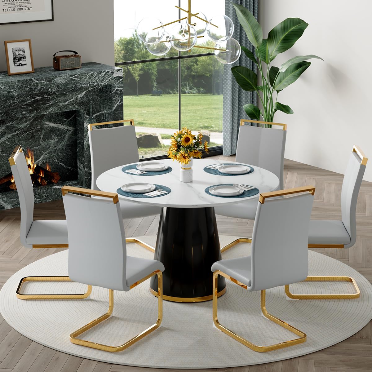 Round Dining Table Set for 6, 45''Round Wooden Dining Set