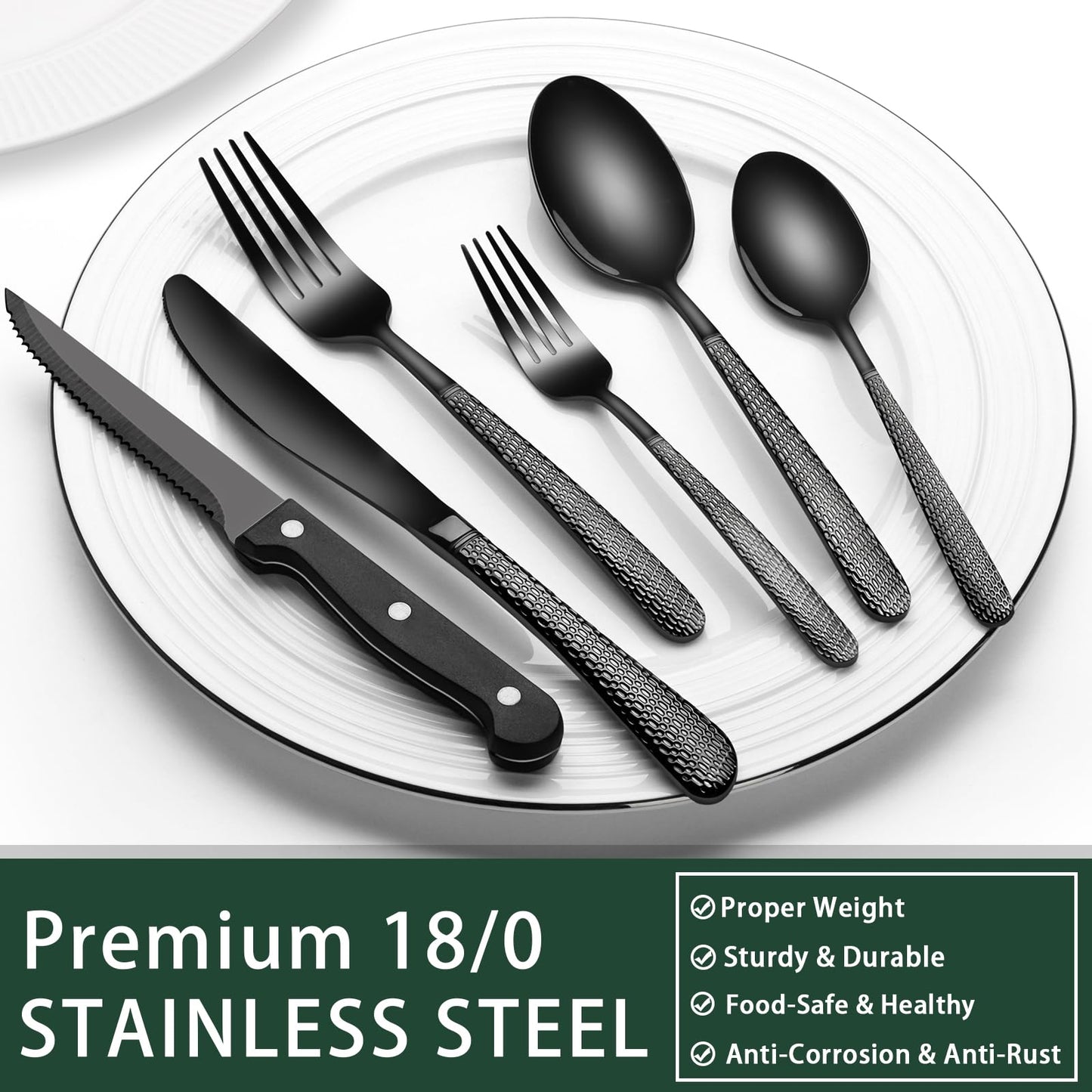 24-Piece Black Silverware Set with Steak Knives, Black Flatware Set for 4