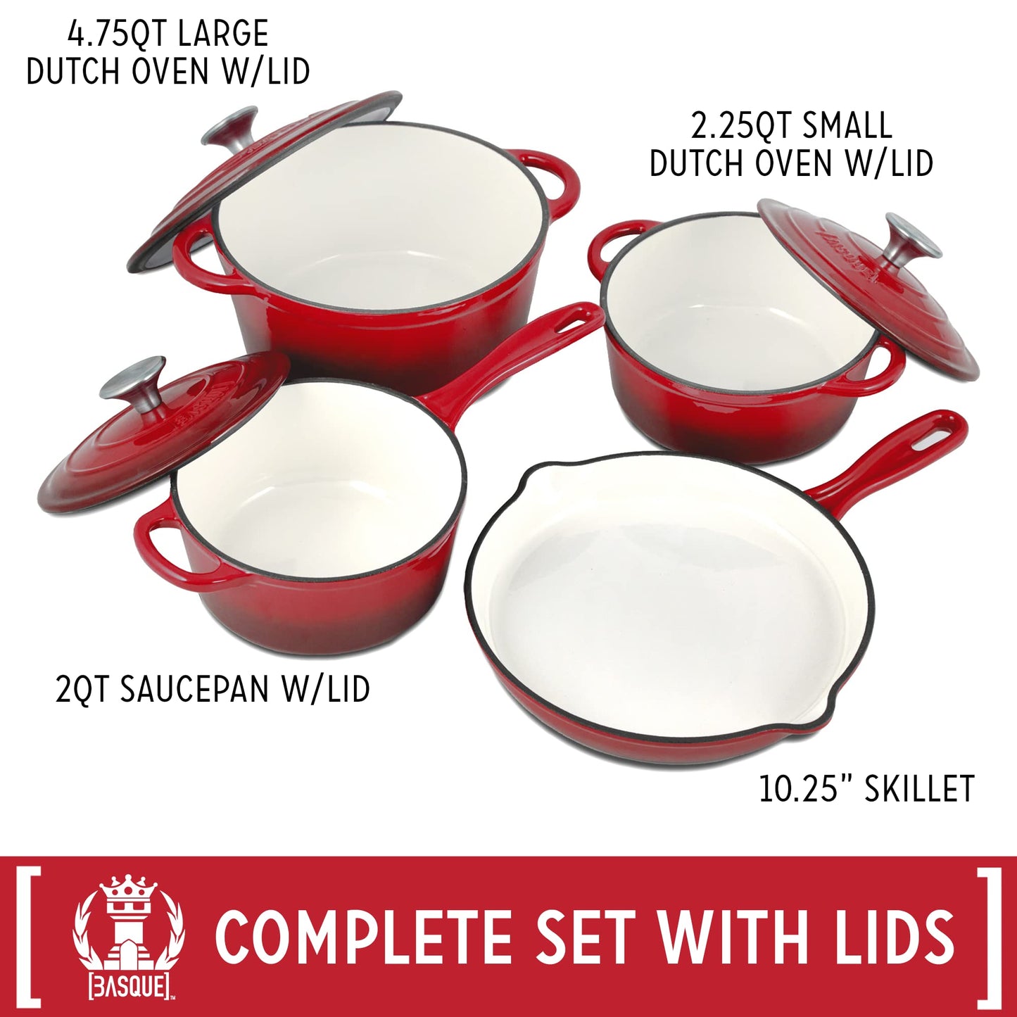 Enameled Cast Iron Cookware Set (Rouge Red), 7-Piece Set, Nonstick