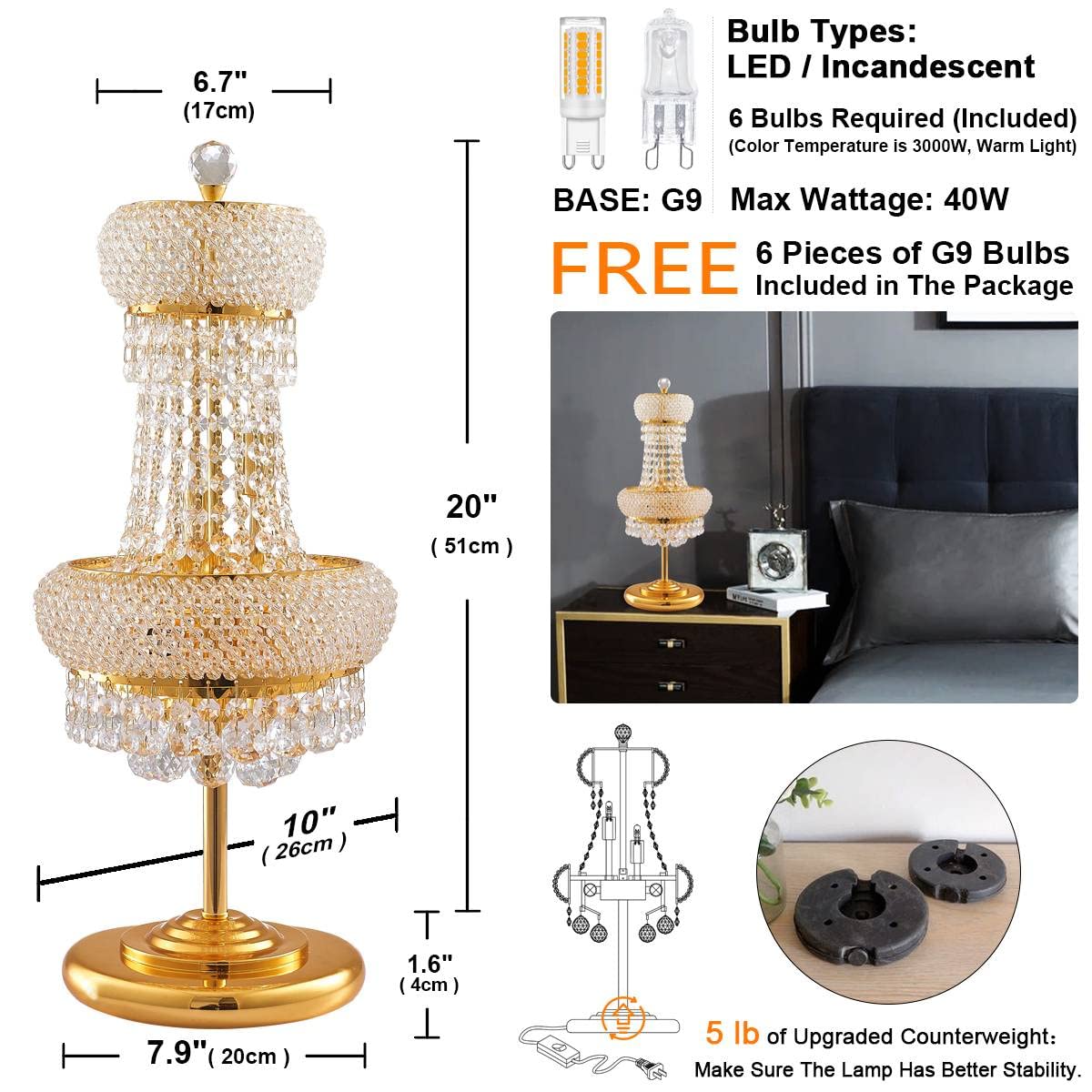 6-Lights Golden French Empire Crystal Ball Table Lamp W 10 × H 22 inch)