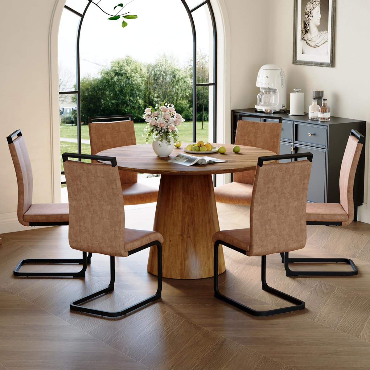 Round Dining Table Set for 6, 45''Round Wooden Dining Set