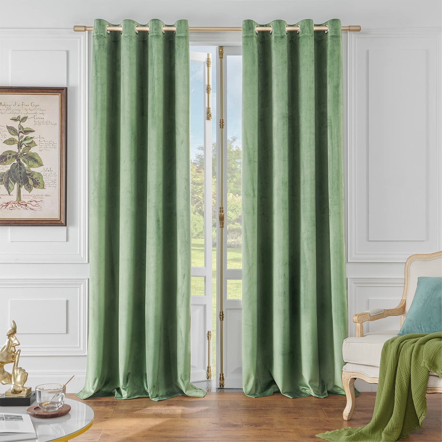 Green Velvet Blackout 90 Inch Curtains, Sage Green, 2 Panels