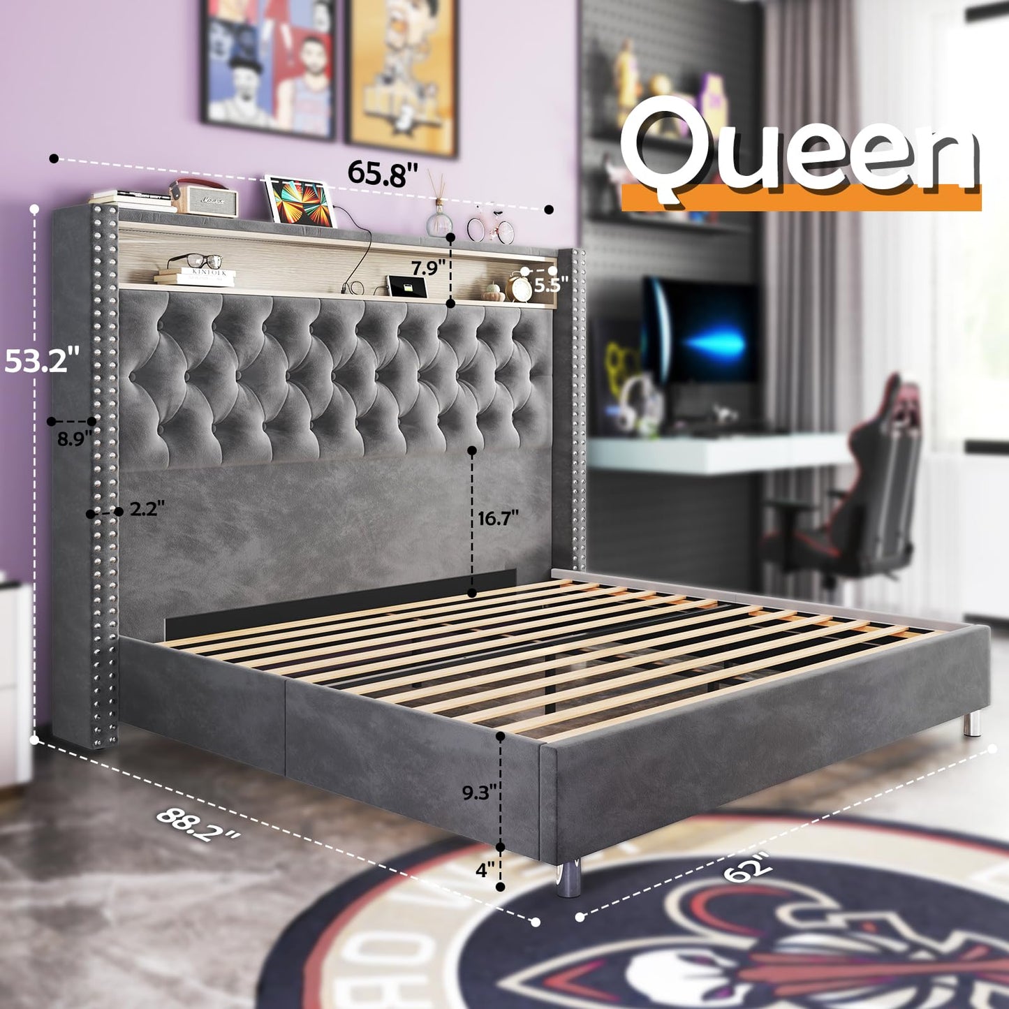 LED King Size Bed Frame and Headboard with Charging Station Velvet Upholstered