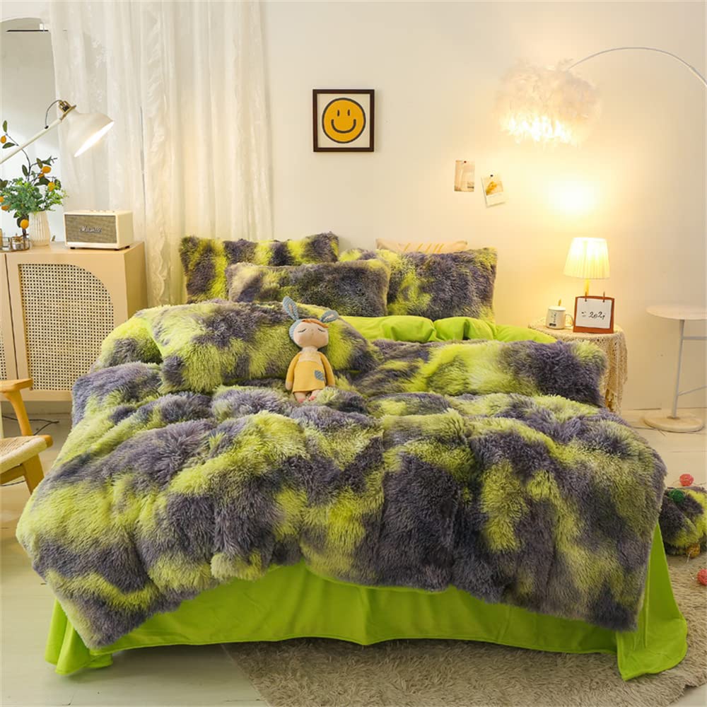 Faux Fur Tie-dyed Green Gray Black Colorful Comforter Sets Queen - 3PC Bed Set