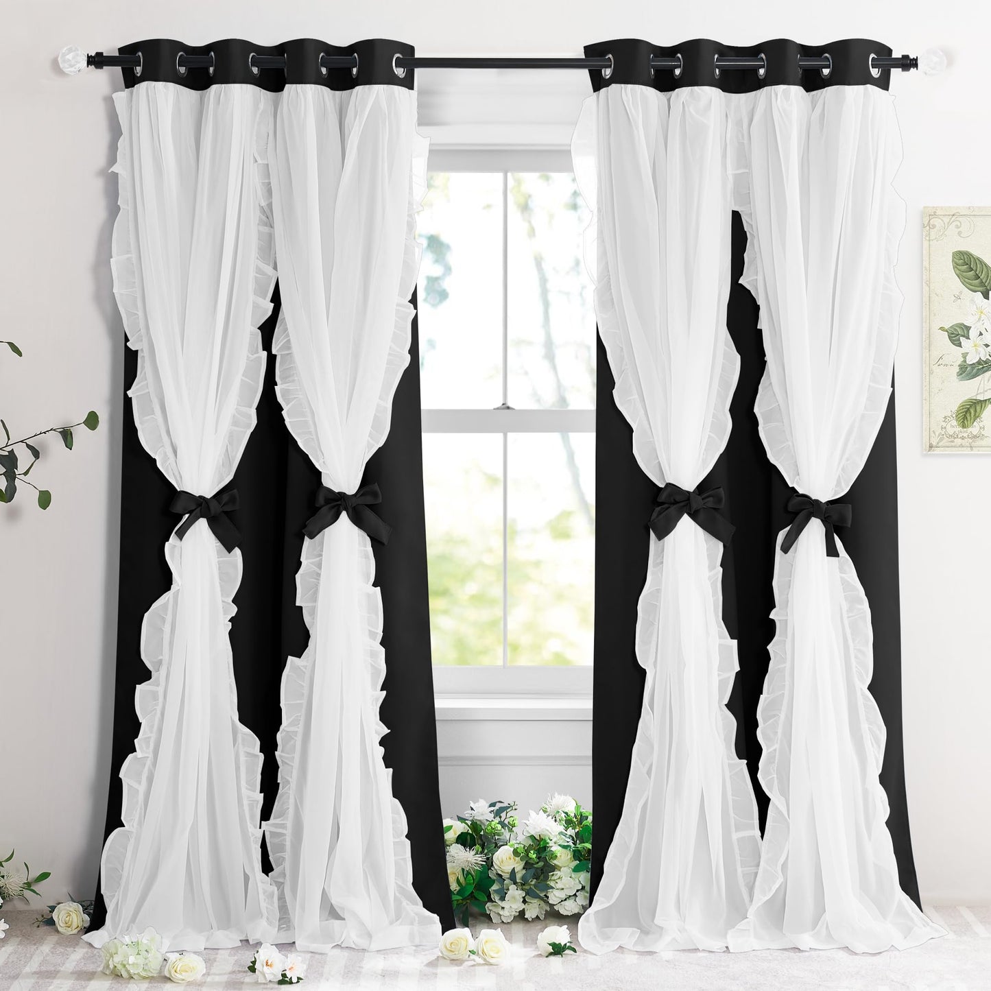 Blackout Window Treatment Double Layer Drapes Ruffle Sheer Overlay 2 Panels