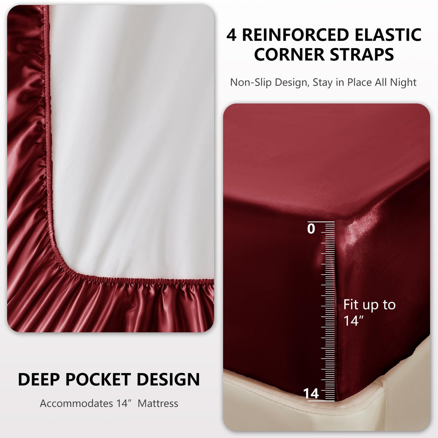 4 Piece Burgundy Bed Sheet Set with Silky Microfiber, 1 Deep Pocket Fitted Sheet