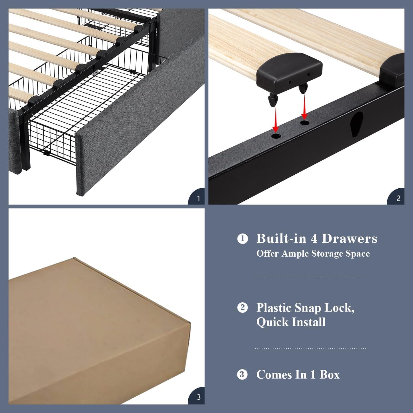 Upholstered Platform Bed Frame with 4 Storage Drawers and Headboard