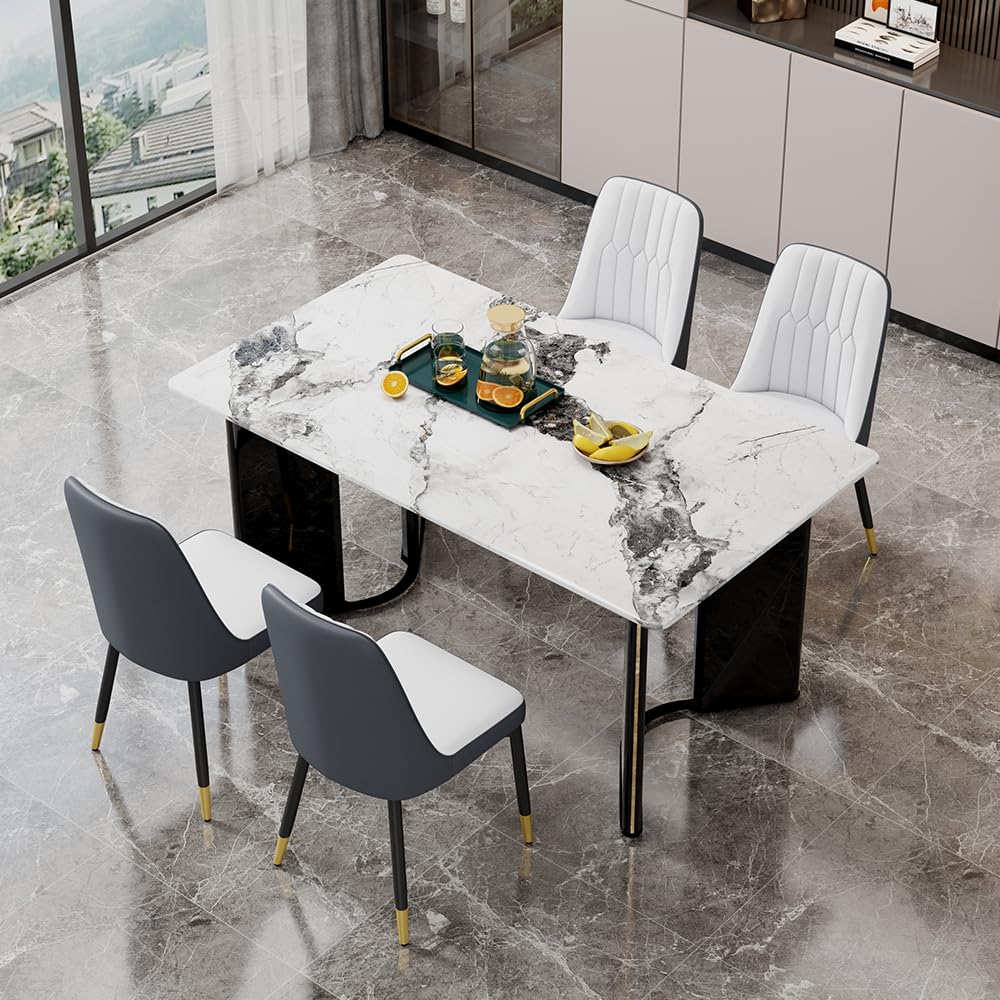 Dining Table Set for 6, White Faux Marble Pattern Table with 6 Modern Dining Chairs